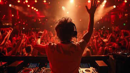 rear view of a dj mixing at great festival party , with crowd of people in background 