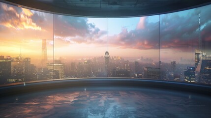 Modern Urban Newsroom Studio with Panoramic Cityscape Views through Glass Windows - Sleek, Elegant, and Professional Interior Design