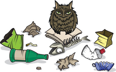 Feathered owl sitting on book surrounded by trash