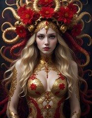 Fototapeta premium Beautiful blonde woman in flowers wearing venetian carnival outfit..
