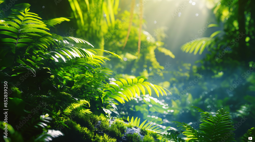 Sticker sunlight filtering through the dense foliage of a lush green jungle, highlighting various ferns and 