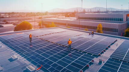 Workers in safety gear install solar panels on a large commercial rooftop, with buildings and mountains in the background