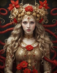 Fototapeta premium Beautiful blonde woman in flowers wearing venetian carnival outfit..