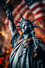 Obraz premium Portrait of the Statue of Liberty against the American flag backdrop for Independence Day.