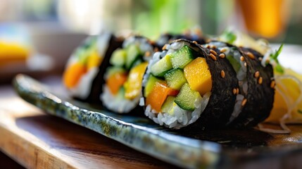 Close-up of fresh vegetable sushi rolls with colorful fillings, arranged on a ceramic plate with blurred background.