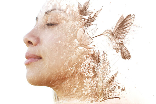 A humming bird paintography portrait of a woman with eyes closed