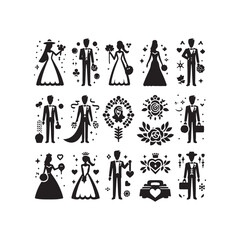 bride & groom, unique floral half moon love  black vector silhouette bride groom unique design icons bundle silhouette vector image with withe backgrounds