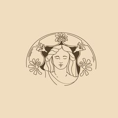Antique elegant woman with flower ornament. Vector line illustration.