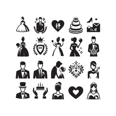 bride & groom, unique floral half moon love  black vector silhouette bride groom unique design icons bundle silhouette vector image with withe backgrounds
