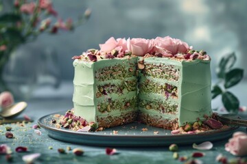 A pistachio rose cake with layers of pistachio sponge