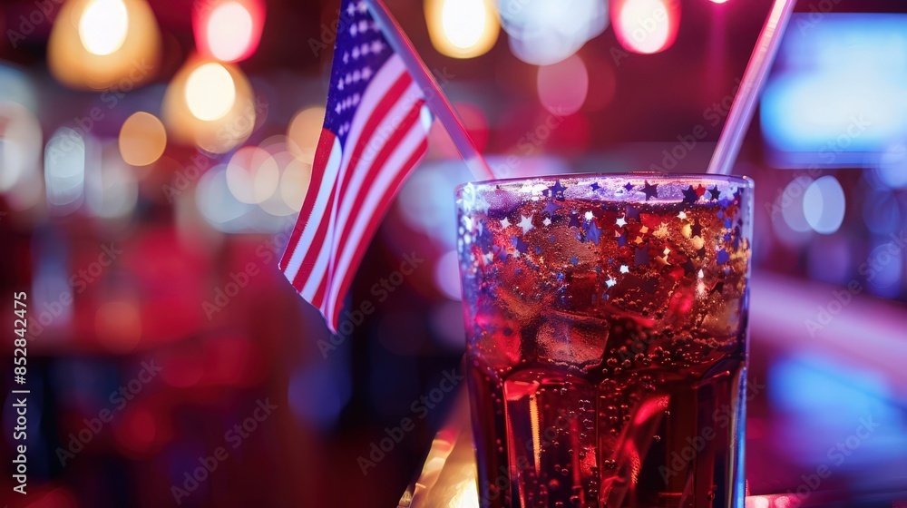 Wall mural close-up of a patriotic-themed drink featuring american flag design