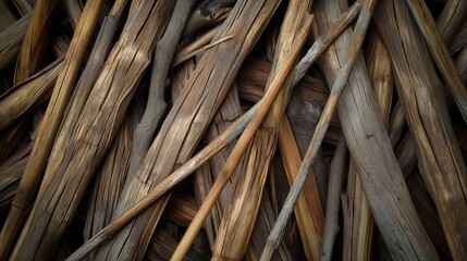 Close-up of a tangle of dry, textured wooden sticks and branches in assorted brown and gray tones.