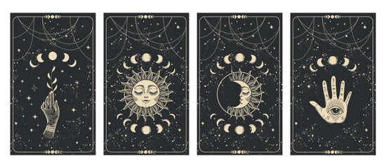 Set of mystical tarot cards with sun and moon symbols, palmistry. Vector illustrations of astrology and fortune telling. Vintage design.