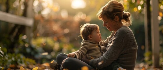 Mother and son share cherished moment in tranquil garden patio warm autumn day