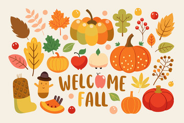 Fall card with pumpkins, leaves, apples, and a scarecrow