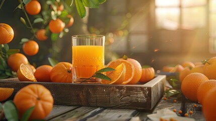 Glass of fresh orange juice on a wooden tray with oranges, close-up photo background for advertising banner template design.