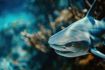 Naklejka premium Close-up of a shark underwater, its sharp teeth and eye visible. Undersea animals.