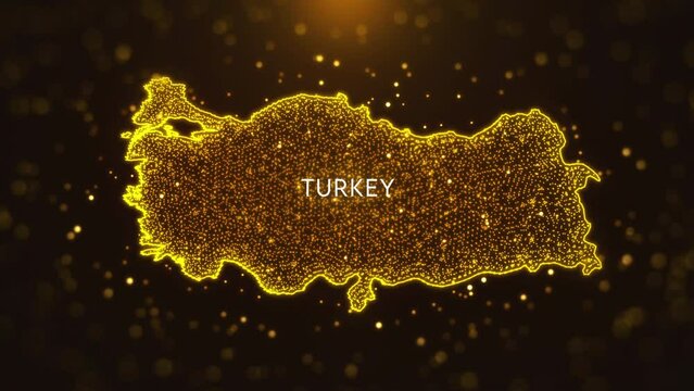 Digital Space Golden Yellow Shiny Blurry Focus Wavy Glitter Sparkle Dust Particles of Turkey Map and Text Motion Reveal with Light Flare