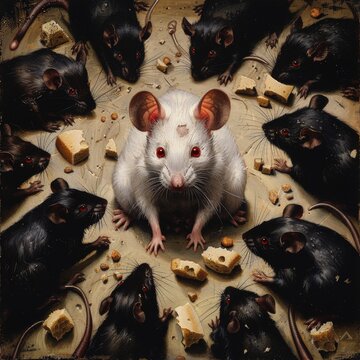 Cute white dambo rat with red eyes sits in circle of black rats. Nuts and pieces of cheese