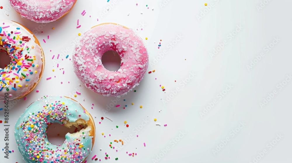 Poster it s donut day check out these vibrant donuts with colorful sprinkles each with three playful bites 