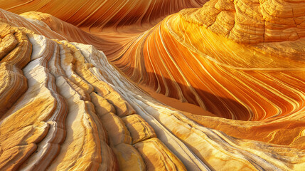 Stunning sandstone rock formation with vibrant orange and white striped layers forming smooth, undulating patterns in a desert landscape.