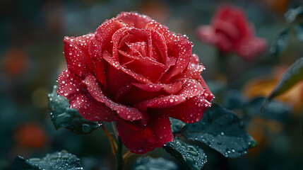 A single red rose in full bloom with dewdrops on its petals