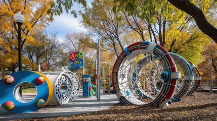 Colorful playground equipment in a park surrounded by trees with autumn foliage, featuring various climbing structures and a bright blue sky.