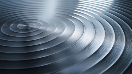 Close-up of metallic concentric circles pattern with radial textures and light reflections, creating a smooth, futuristic appearance.