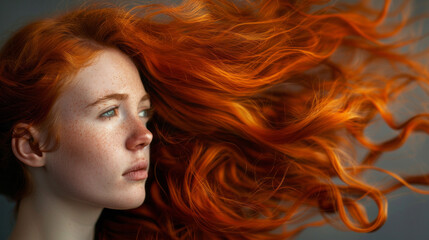 Fototapeta premium Close-up of a girl's face with bright red hair. The concept of improving the appearance of hair, revealing femininity and attractiveness, and developing the hairdressing business.