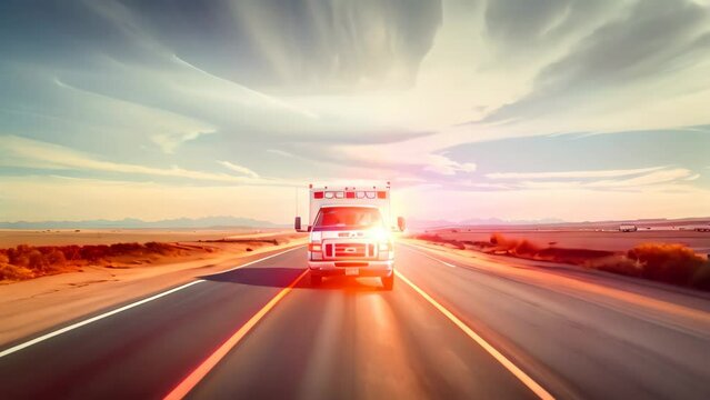 An ambulance with sirens blaring speeds down a deserted highway in the desert, An ambulance speeding down a deserted highway