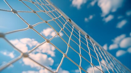 A white net of volleyball against the blue sky.