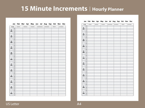 15-minute increment hourly planner templates. Available in US Letter and A4 sizes, perfect for daily scheduling and time management.