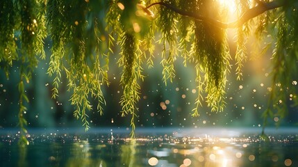 Fototapeta premium A willow tree hanging down with green leaves, with sunlight shining through the branches and foliage onto sparkling water in front. This scene evokes feelings of tranquility and nature's beauty.