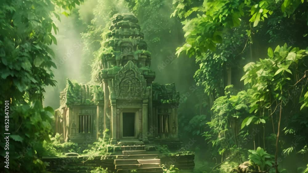 Poster a large building resembling an ancient temple surrounded by dense forest vegetation, an ancient temp