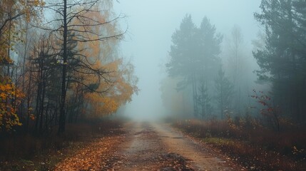Obraz premium Autumn forest enveloped in thick foggy morning misty autumn forest early morning mist in the woods Forest road shrouded in autumn fog