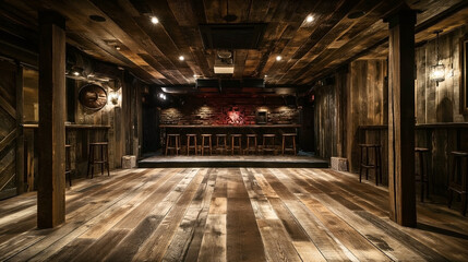 Naklejka premium Rustic bar interior with wooden floors and walls, featuring a long bar counter with six stools, dim lighting, and warm ambiance.