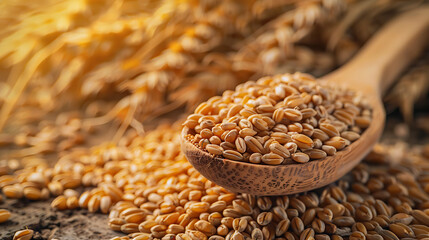 Obraz premium Wheat grains in a wooden spoon on a background of wheat ears
