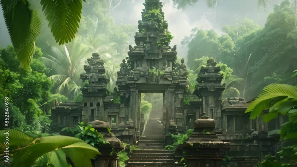 Poster a massive structure of an ancient temple stands tall in the midst of a dense jungle setting, an anci