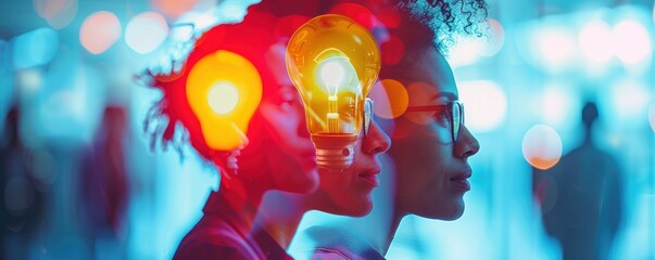 Creative team brainstorming session, close up, focus on, vibrant and dynamic colors, Double exposure silhouette with ideas flowing