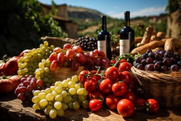 bottle of wine, fresh grapes on a table, with view of the old town on the hills at sunset