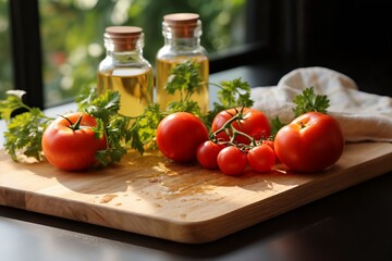 tomatoes and greens and bottles with oil on a table, beautiful still life