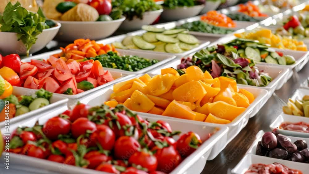 Poster long table covered with assorted fresh vegetables and fruits, an array of healthy salads and fresh f