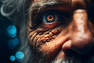 Crazy look eye pupil scary creepy of an elderly mature man abstraction of consciousness hypnosis tunnel light