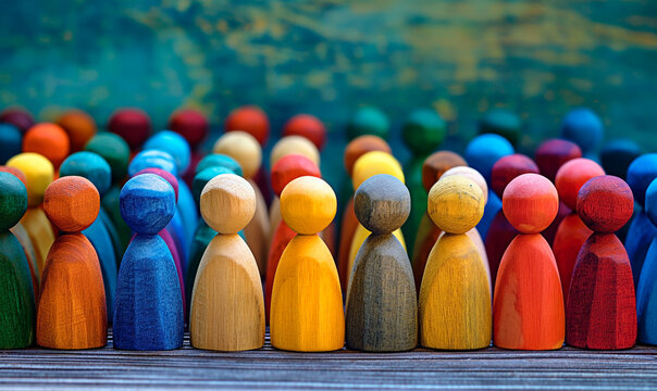 Multicolored wooden figures for concept of diverse people and society.
