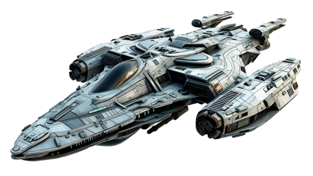 A futuristic spaceship isolated on transparent background. Design inspirated on Science fiction. In 3d style.