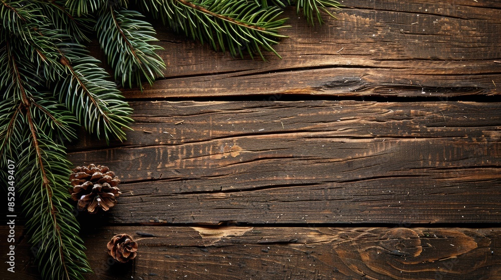 Poster background of wood with pine branch and space for text