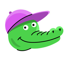 Cute cartoon green crocodile wearing a cap. Animal head portrait. Child character with a smile. Emblem and symbol. Flat vector illustration isolated on white background