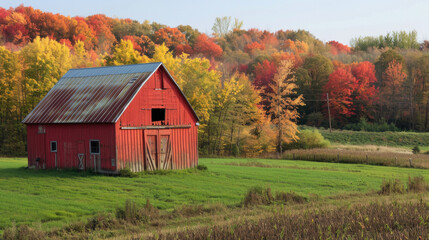 Obraz premium Weathered red barn stands in an open field, a vibrant maple tree displays its autumn foliage