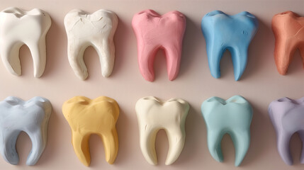 Colorful plaster casts of teeth on a neutral background 