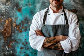 Confident culinary arts teacher with tattooed arms in kitchen setting